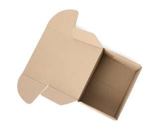 Photo of Empty open cardboard box isolated on white, top view
