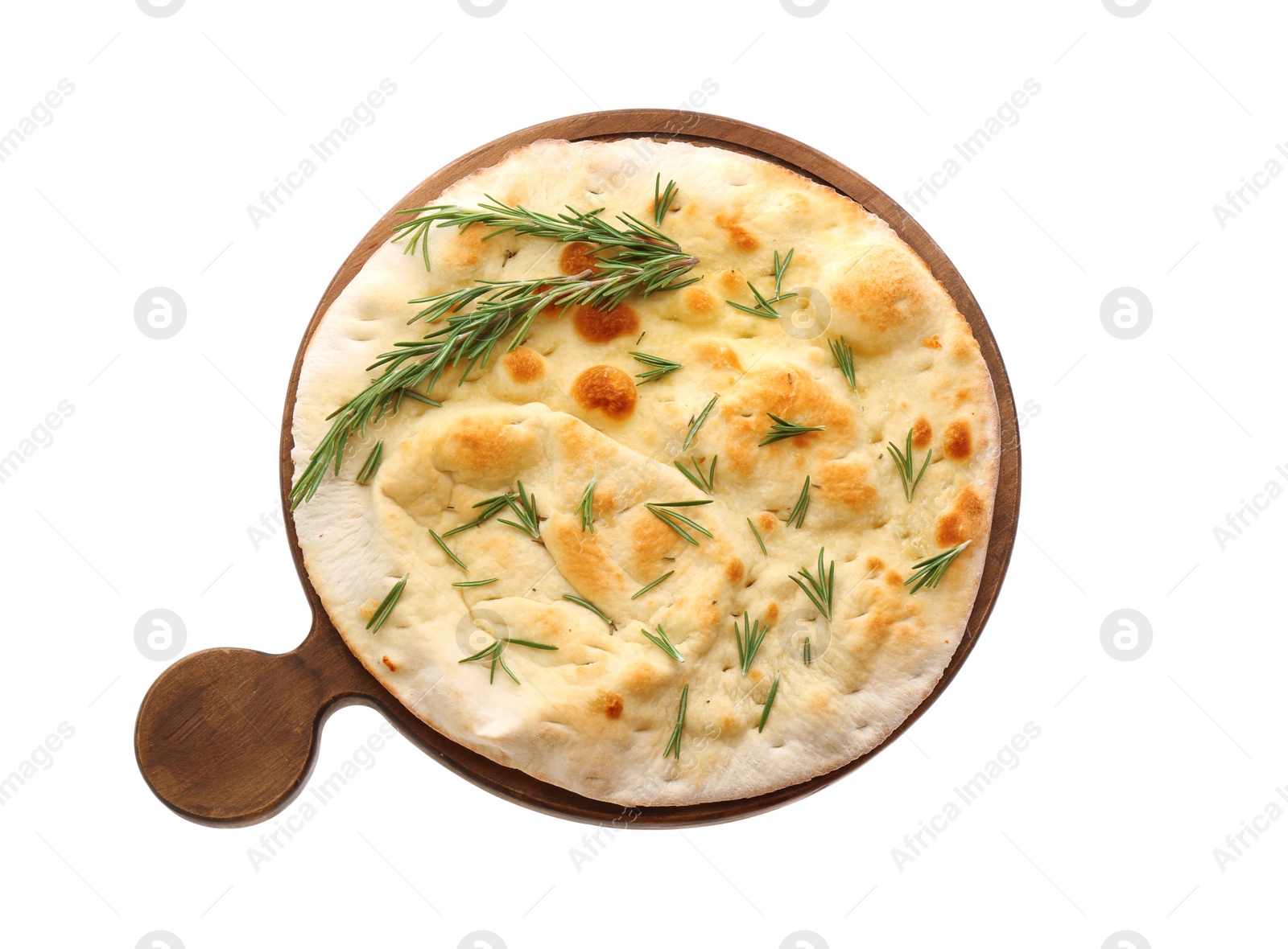 Photo of Traditional Italian focaccia bread with rosemary isolated on white, top view