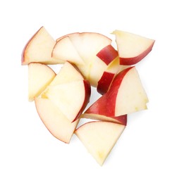 Photo of Pile of apple slices isolated on white, top view