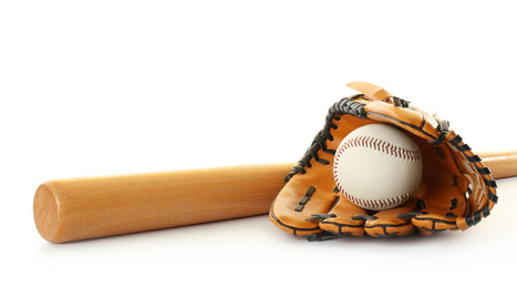 Photo of Leather baseball ball, bat and glove on white background