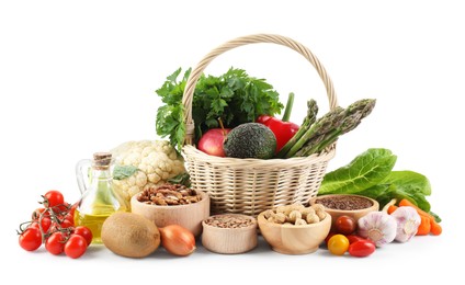 Healthy food. Basket with different fresh products isolated on white