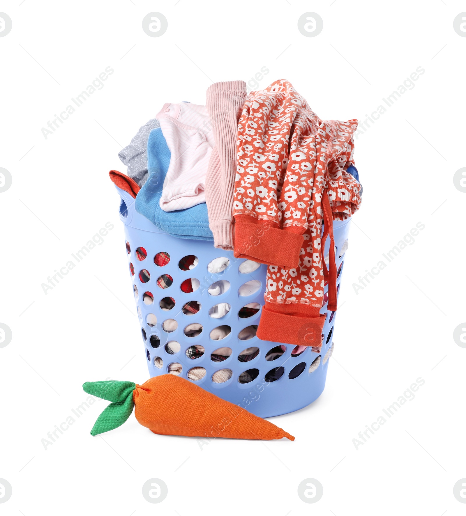 Photo of Laundry basket with baby clothes and toy isolated on white