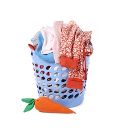 Photo of Laundry basket with baby clothes and toy isolated on white