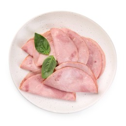 Photo of Slices of tasty ham and basil isolated on white, top view