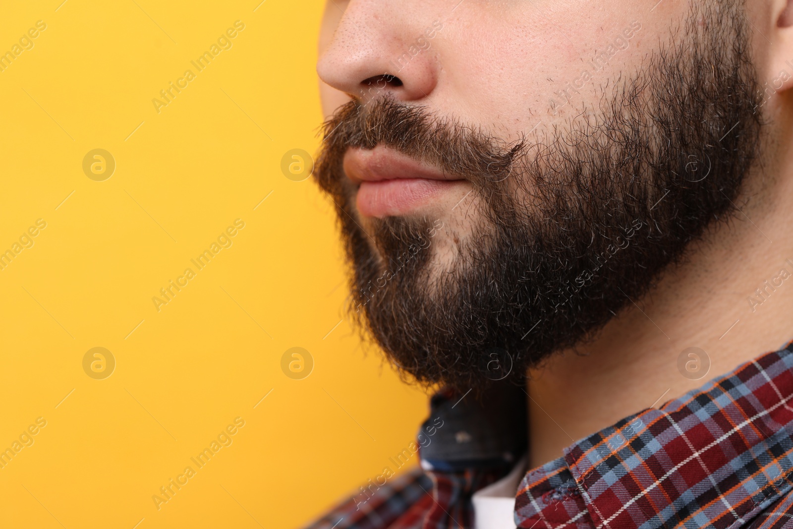 Photo of Handsome man with mustache on yellow background, closeup. Space for text