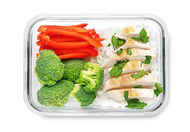 Photo of Healthy meal. Chicken breast, rice, broccoli and pepper in container isolated on white, top view