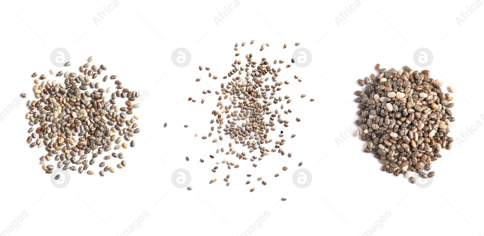 Image of Set of chia seeds on white background, top view. Banner design 
