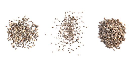 Set of chia seeds on white background, top view. Banner design 