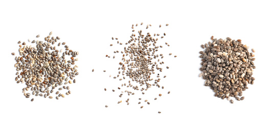 Image of Set of chia seeds on white background, top view. Banner design 