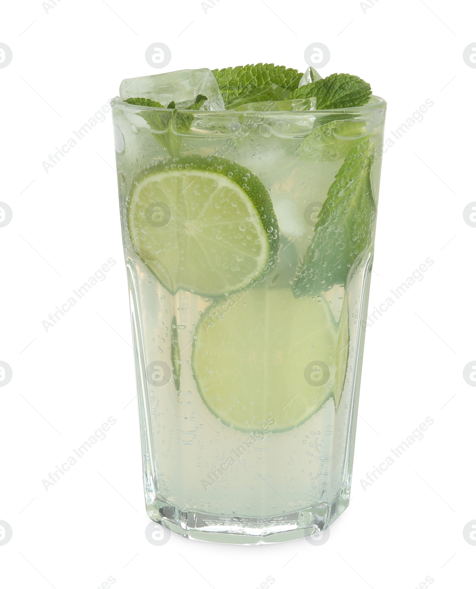 Photo of Tasty Mojito cocktail with ice cubes isolated on white