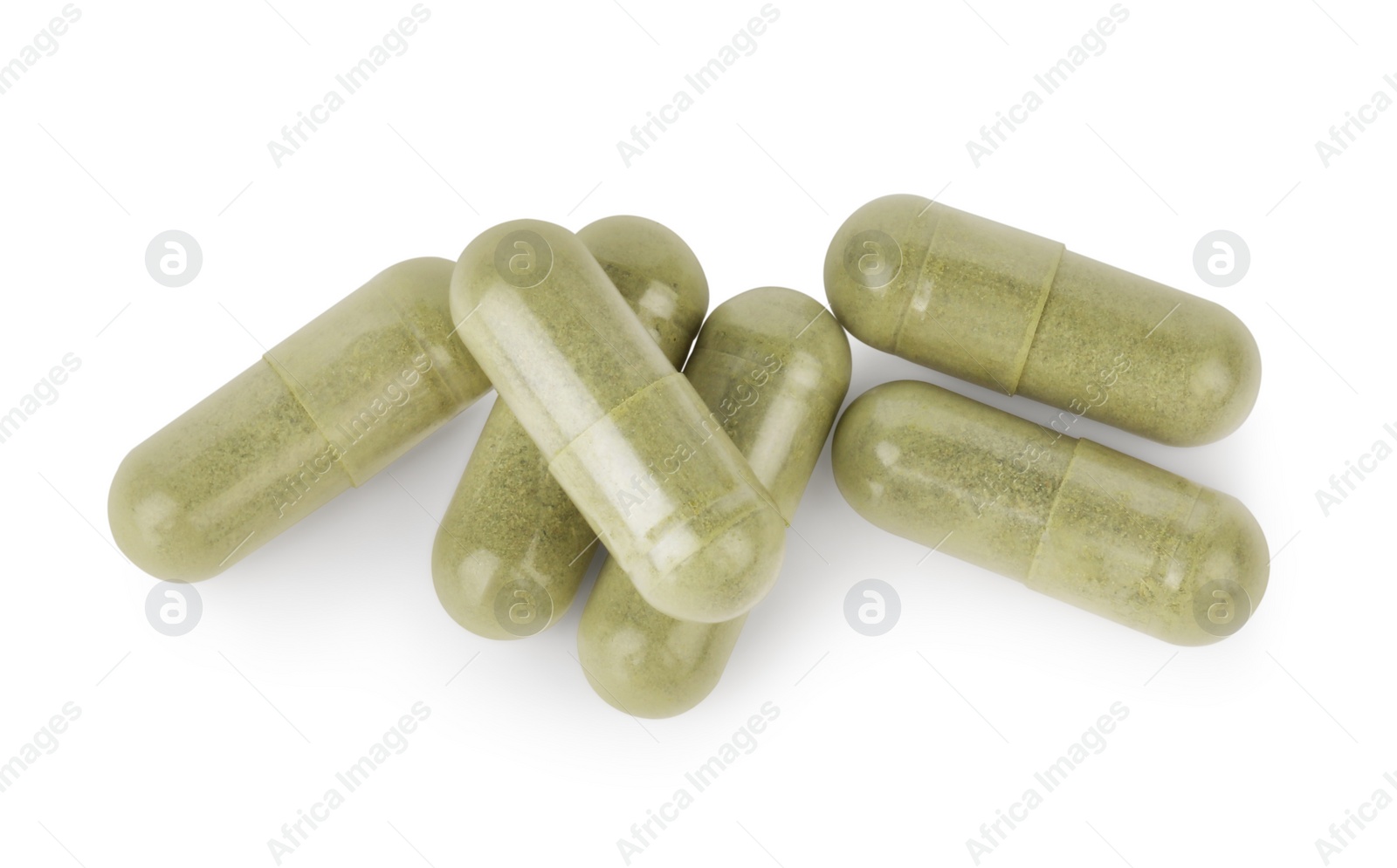 Photo of Vitamin capsules isolated on white, top view