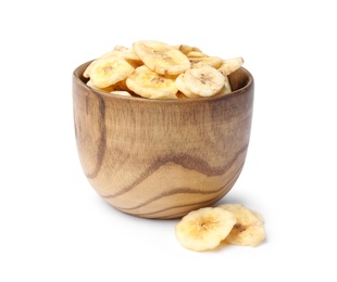 Wooden bowl with sweet banana slices on white background. Dried fruit as healthy snack