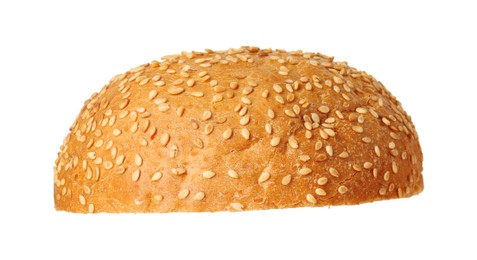 Photo of Half of fresh burger bun with sesame seeds isolated on white