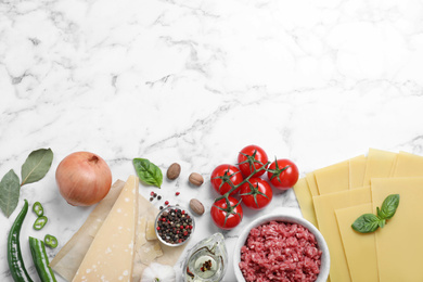 Photo of Fresh lasagna ingredients on white marble table, flat lay. Space for text