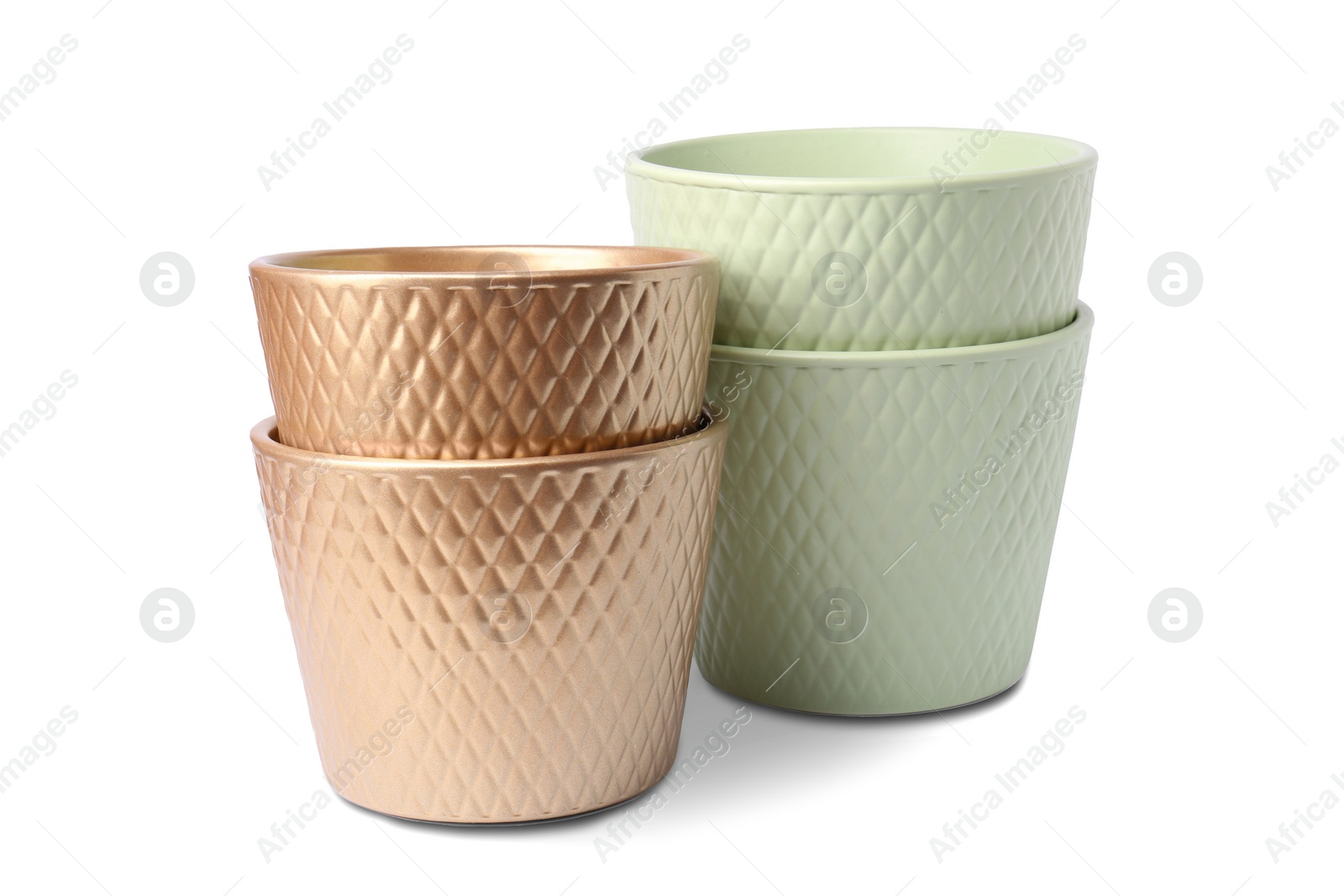 Photo of Different empty ceramic flower pots on white background