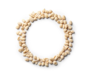 Photo of Composition with peanuts and space for text on white background, top view