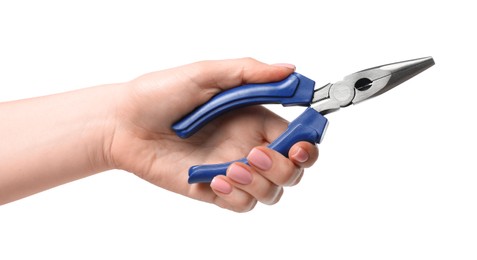 Photo of Woman with needle nose pliers on white background, closeup