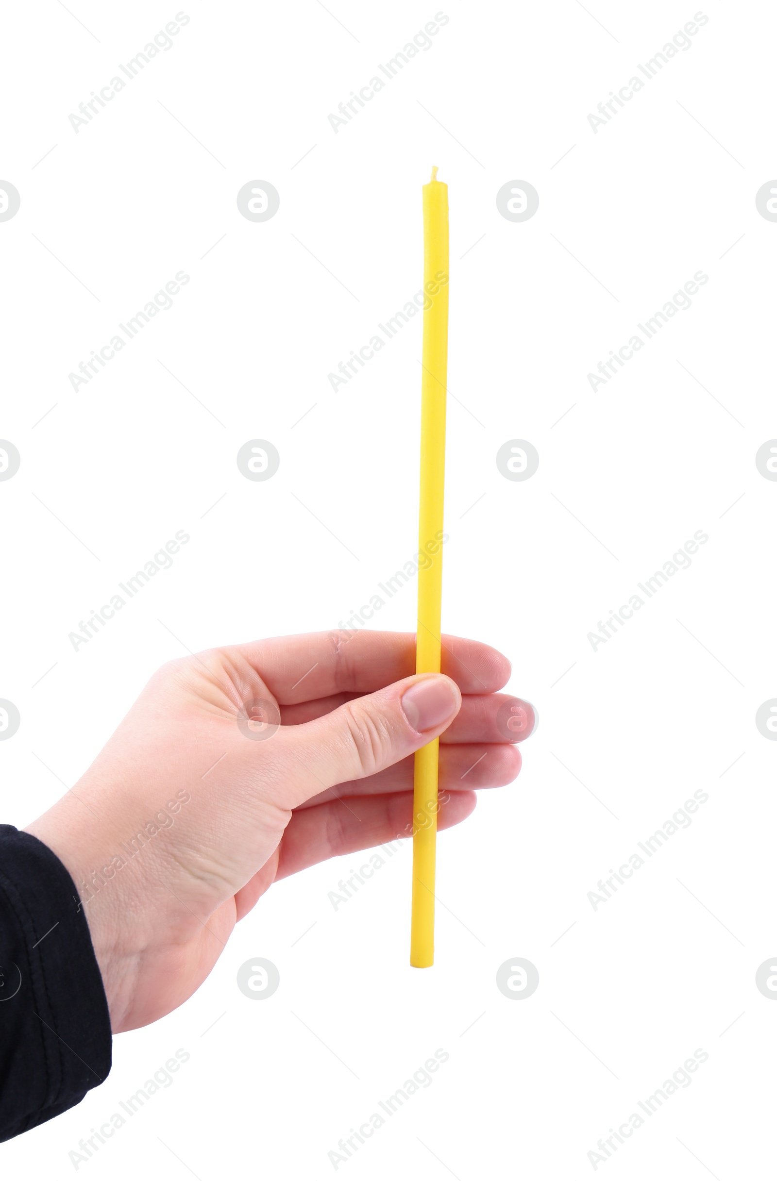 Photo of Woman holding church candle on white background, closeup