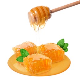 Image of Dripping tasty honey from dipper onto honeycombs and mint on white background