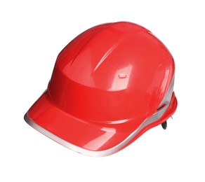 Photo of Red protective hard hat isolated on white. Safety equipment