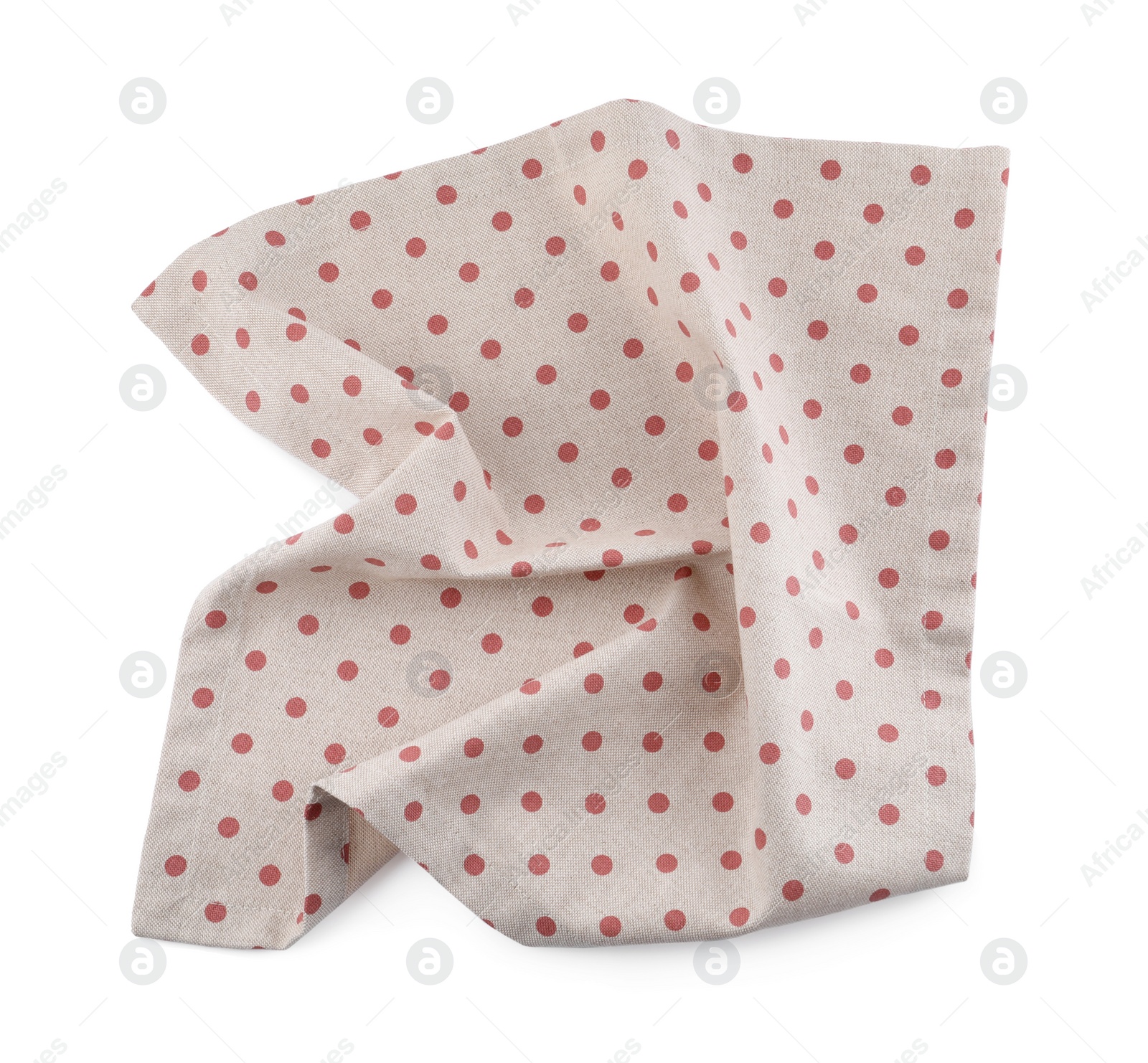 Photo of Cloth kitchen napkin with polka dot pattern isolated on white, top view