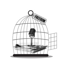 Image of Freedom of speech. Newspapers and microphone in cage on white background