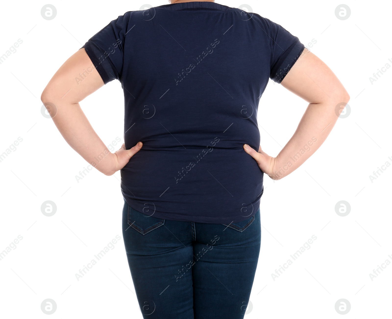 Photo of Overweight woman on white background, closeup. Weight loss