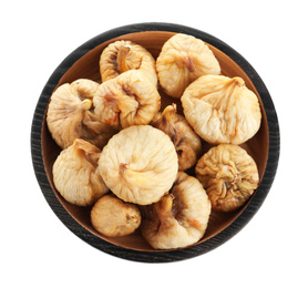 Photo of Tasty dried figs in plate isolated on white, top view