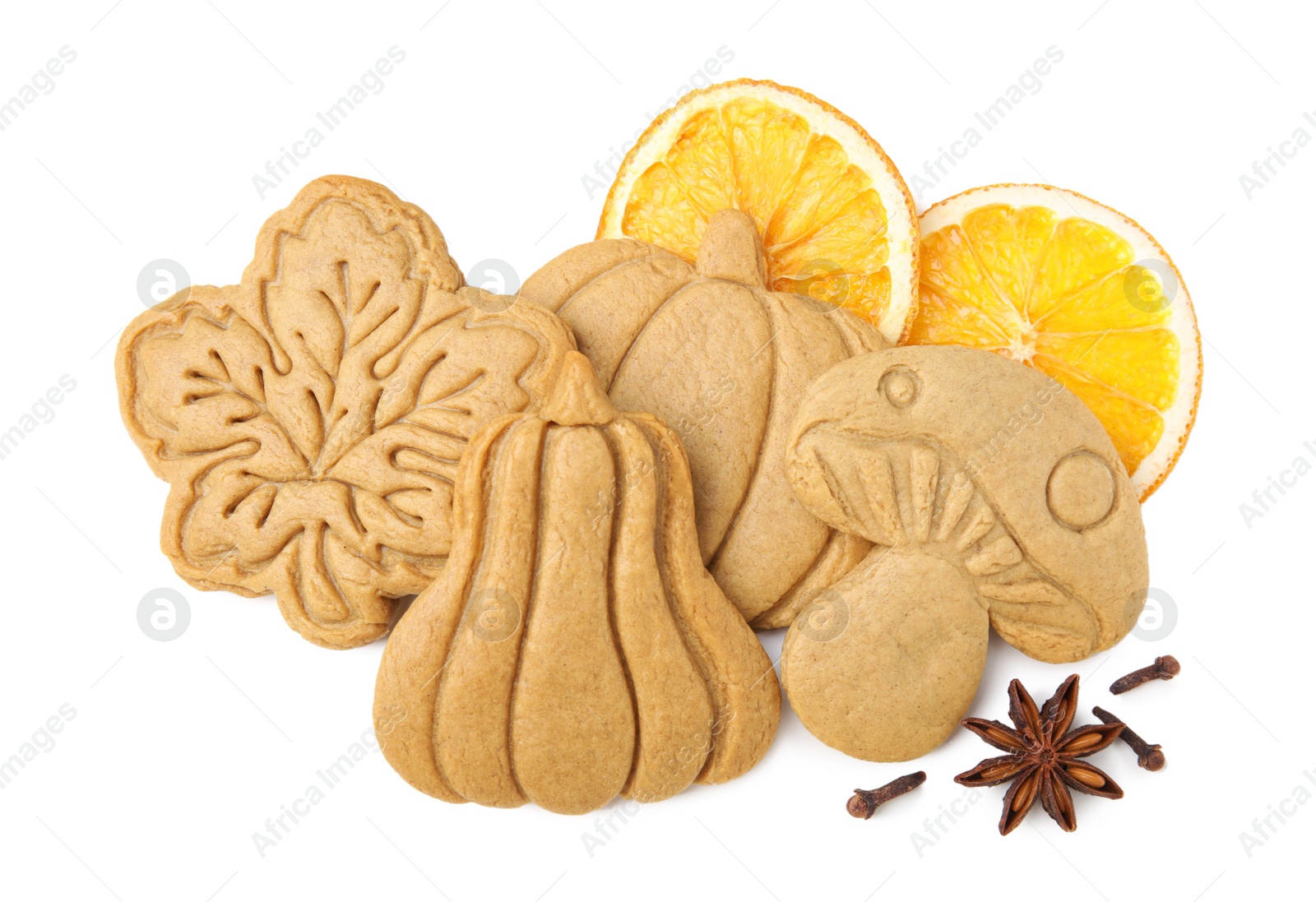 Photo of Different tasty cookies and spices on white background, top view