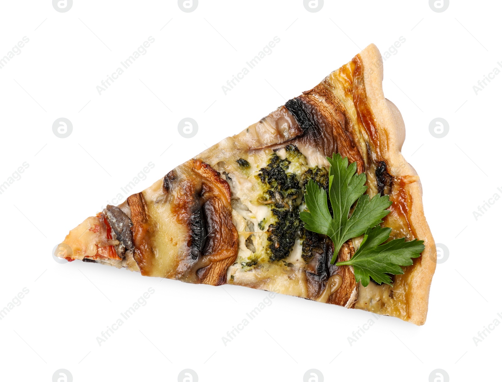 Photo of Piece of delicious quiche with mushrooms isolated on white, top view