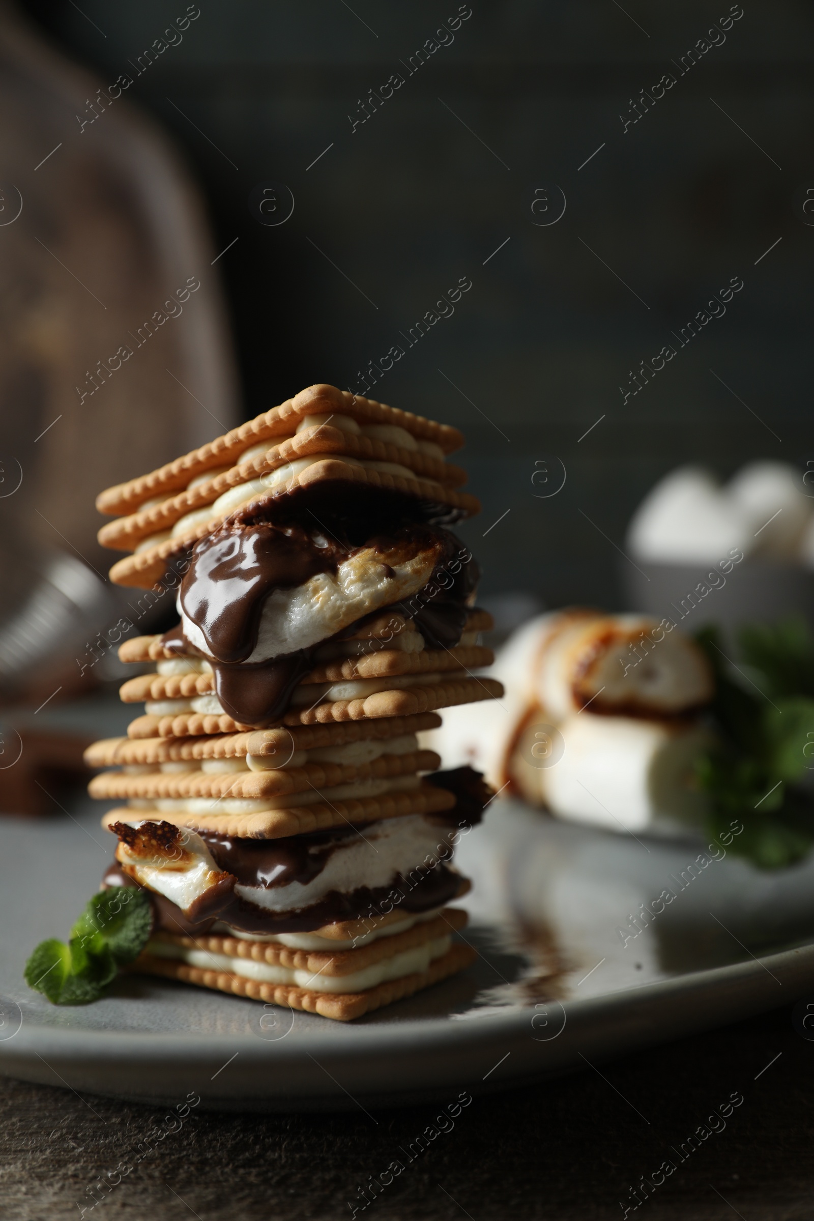 Photo of Delicious marshmallow sandwiches with crackers and chocolate on wooden table, closeup