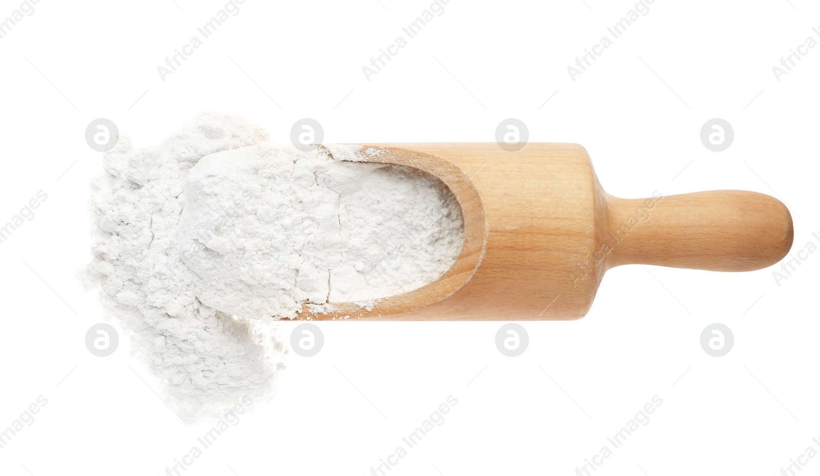 Photo of Scoop with flour isolated on white, top view