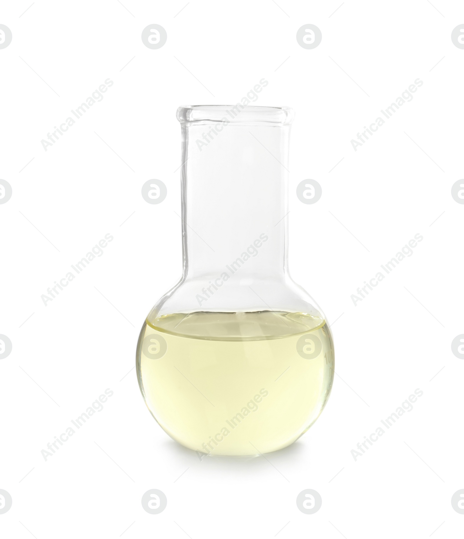 Photo of Laboratory flask with liquid on white background. Chemical analysis