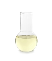 Laboratory flask with liquid on white background. Chemical analysis