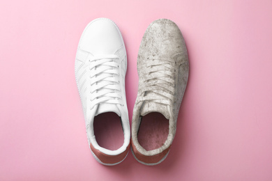 Image of Pairtrendy shoes before and after cleaning on pink background, top view