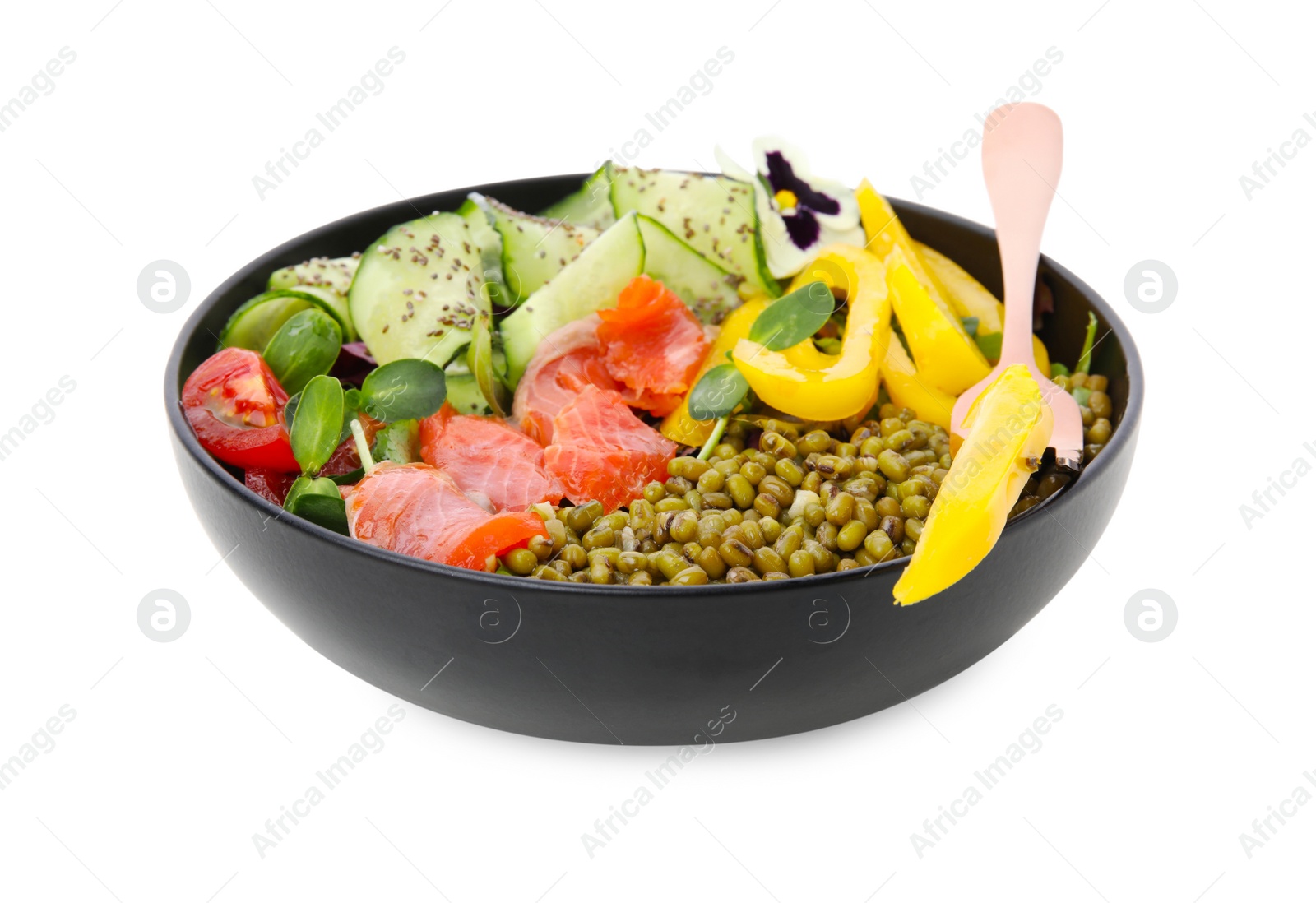 Photo of Bowl of salad with mung beans isolated on white