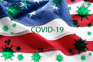 Covid-19 outbreak. Virus flying over American flag