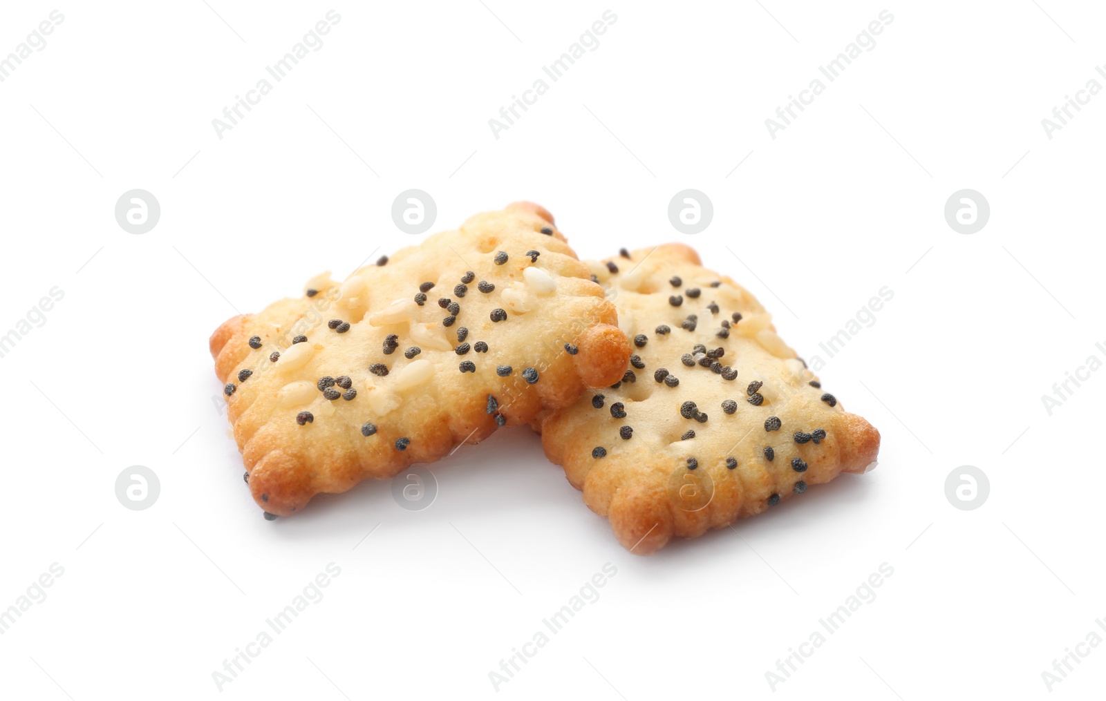 Photo of Delicious crispy crackers with poppy and sesame seeds isolated on white