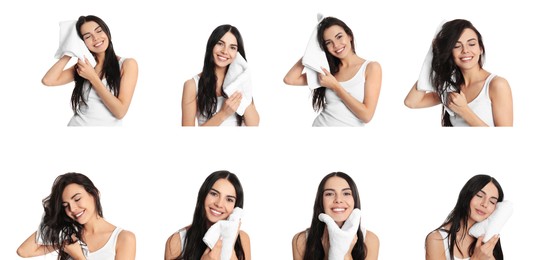 Image of Collage with photos of beautiful woman with soft towels on white background. Banner design