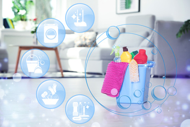 Image of Cleaning service related icons and janitorial supplies in room