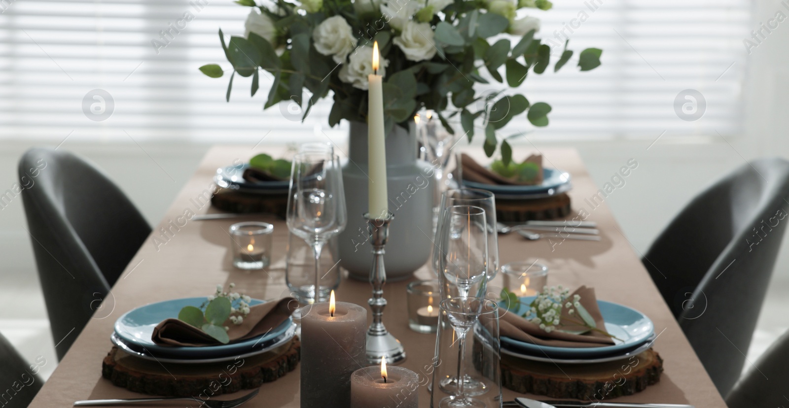 Image of Festive table setting with beautiful tableware and decor indoors. Banner design