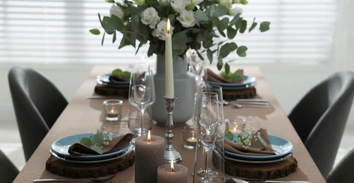 Festive table setting with beautiful tableware and decor indoors. Banner design