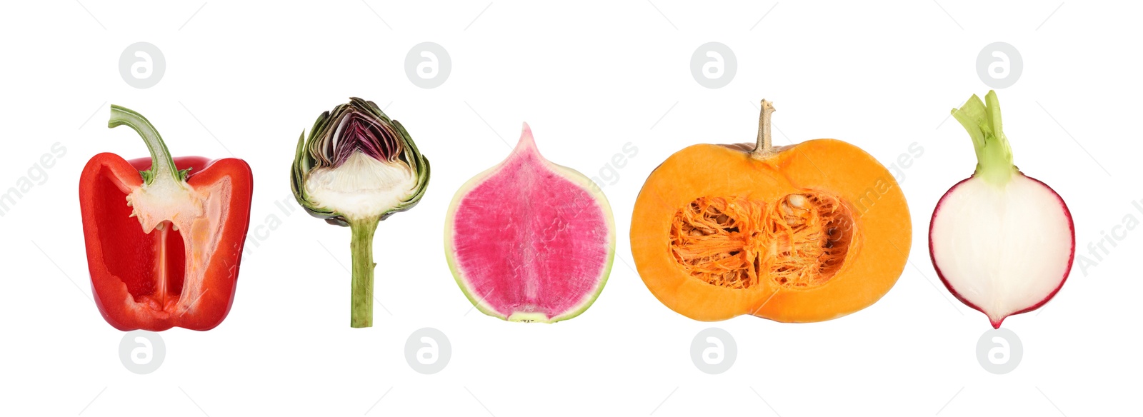 Image of Collection of different fresh vegetables on white background. Banner design