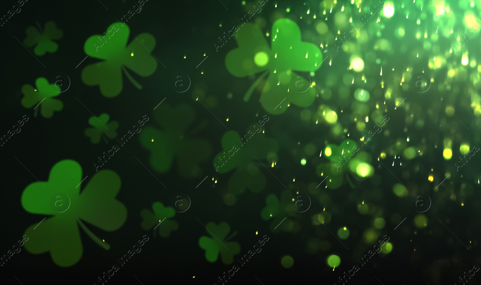 Image of St. Patrick's Day celebration. Clover leaves on dark background, bokeh effect. Banner design