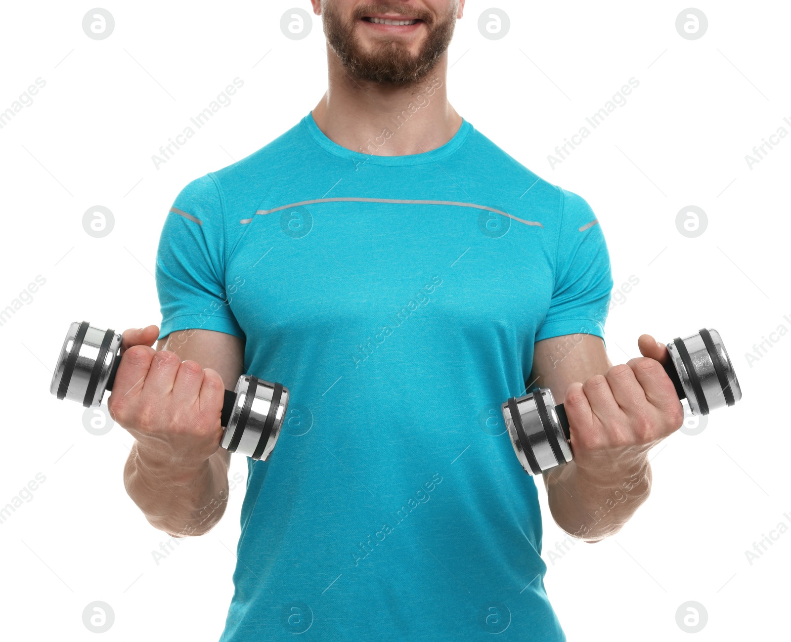 Photo of Man exercising with dumbbells on white background, closeup