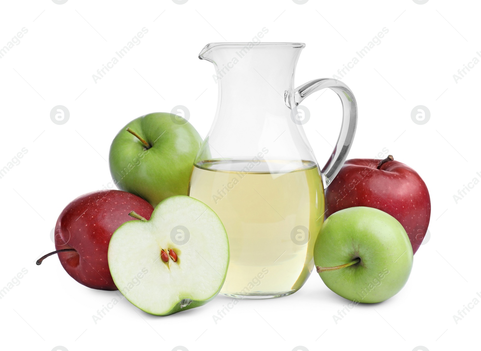 Photo of Different ripe apples and jug of juice on white background