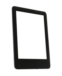 Photo of Modern e-book reader with blank screen isolated on white