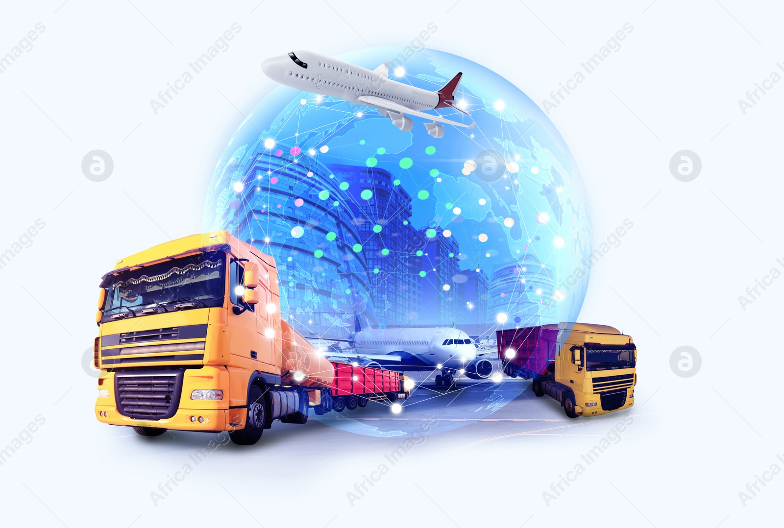 Image of Logistics concept. Multiple exposure of different transports and world globe 