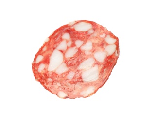 Photo of Cut fresh tasty sausage on white background