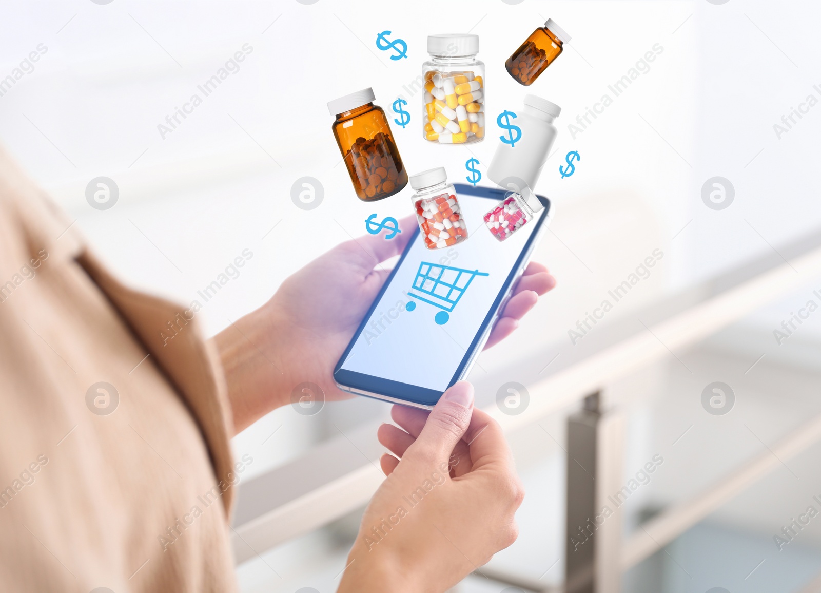 Image of Woman with smartphone ordering medications online indoors, closeup